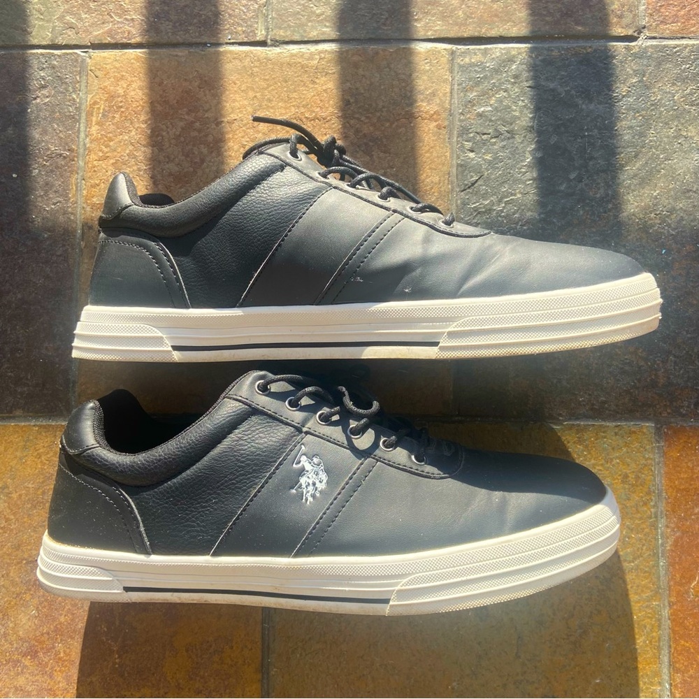 US POLO ASSN. MEN'S Black Faux Leather Tie-Up Low Top Sneakers Shoes SIZE 13M